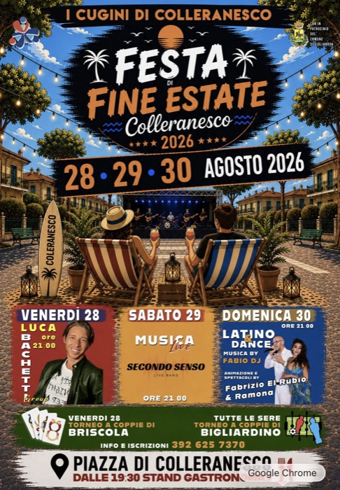 Locandina Festa di fine estate 2026 — I Cugini di Colleranesco, 28-29-30 agosto, Piazza di Colleranesco