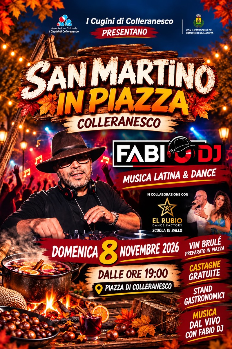 Locandina di domenica 8 novembre 2026: musica latina e dance con Fabio DJ