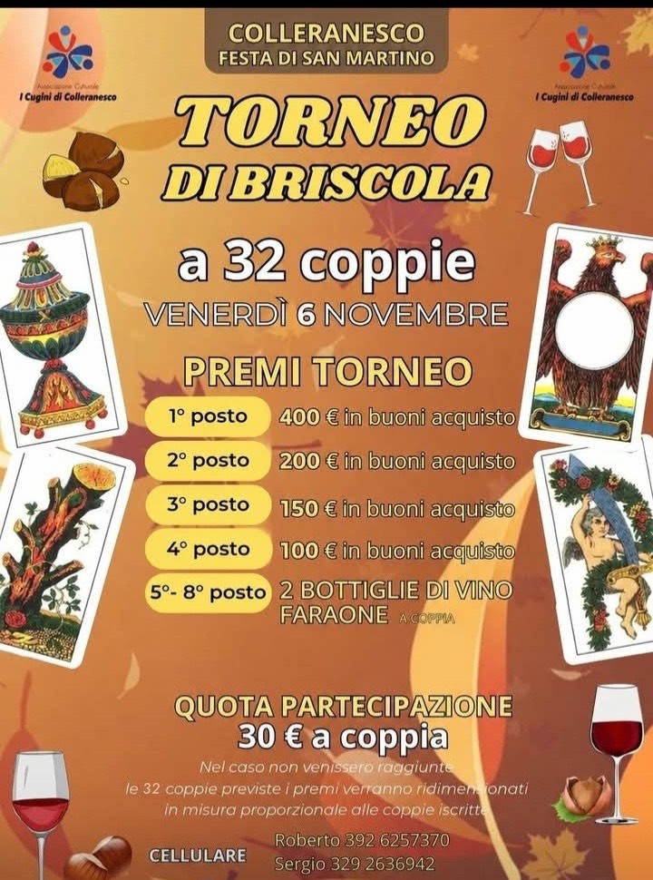 Locandina del torneo di briscola a coppie di venerdì 6 novembre, con l'elenco dei premi